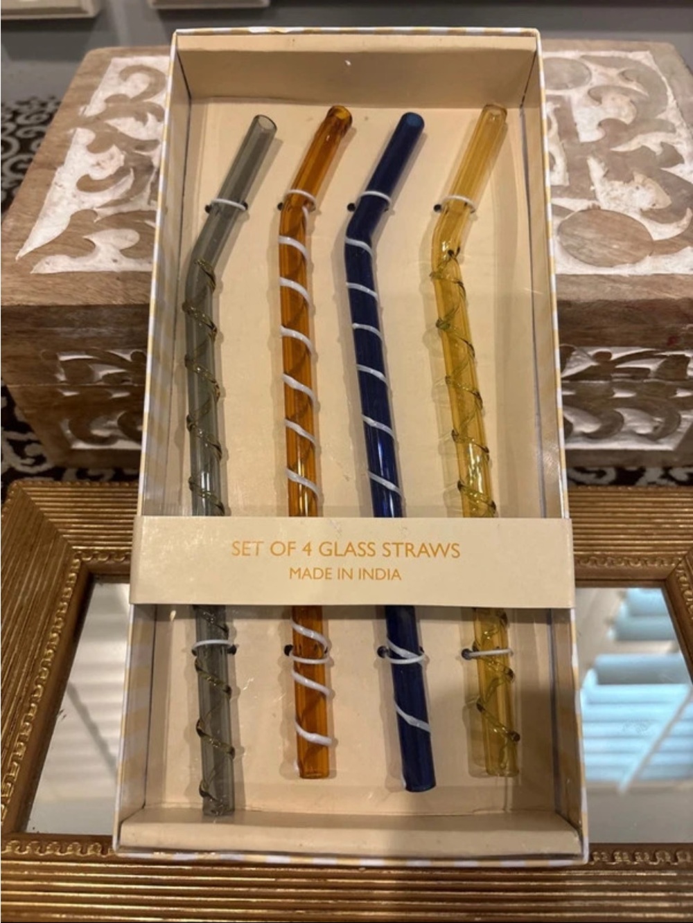 Set of 4 Decorative Glass Straws - Blue, Amber, Gray, Yellow